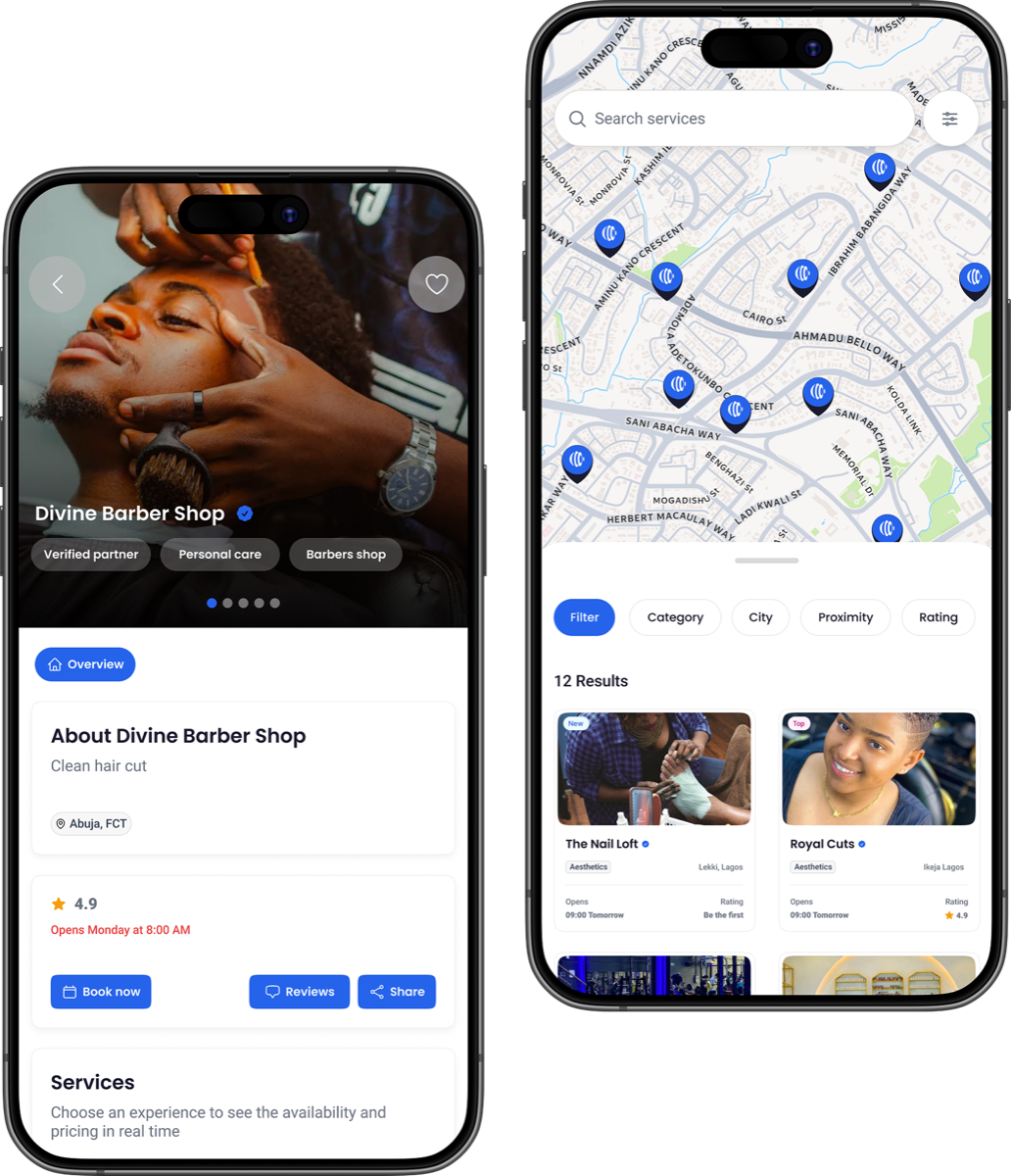 UrbanWish mobile app previews showing a provider storefront and map search