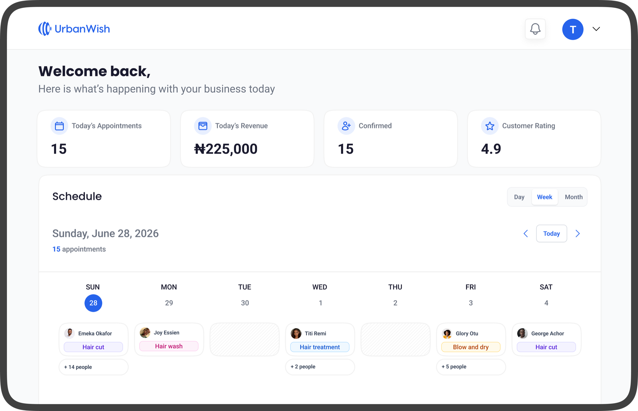 UrbanWish business dashboard preview with appointment stats and a weekly schedule